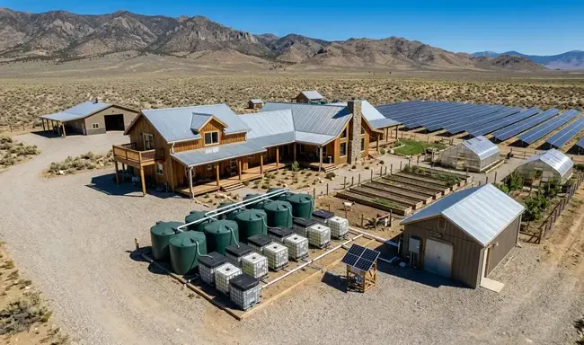 Off-grid water solutions including IBC totes, large storage tanks, and rainwater catchment system on rural Nevada property