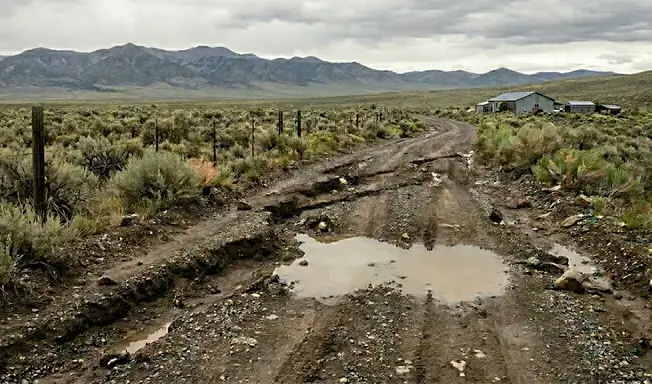 Washed out gravel driveway in Elko County Nevada showing erosion, ruts, and poor drainage damage