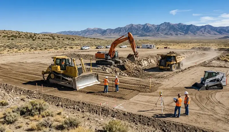 Excavators and bulldozers preparing house pad in Elko County