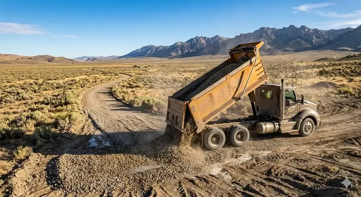 Dump truck delivering gravel for driveway construction in rural Elko County Nevada