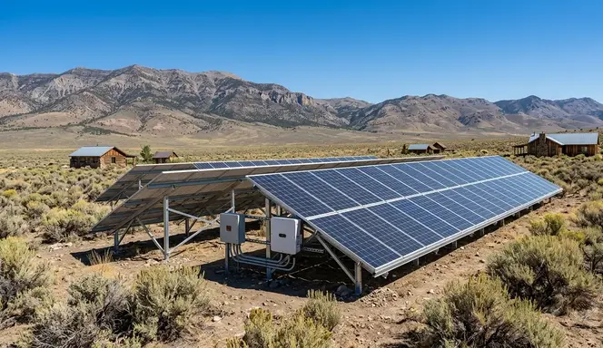Wide-angle view of an off-grid ground-mounted solar array on a metal rack system in rural Elko County Nevada with high desert terrain, sagebrush, and distant mountains under a clear blue sky