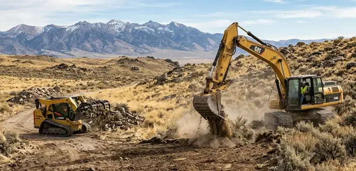Heavy equipment performing professional land clearing on rural property in Elko County Nevada