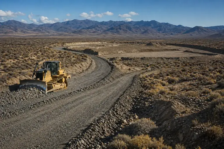 Heavy equipment building off-grid access road and grading land in Nevada desert