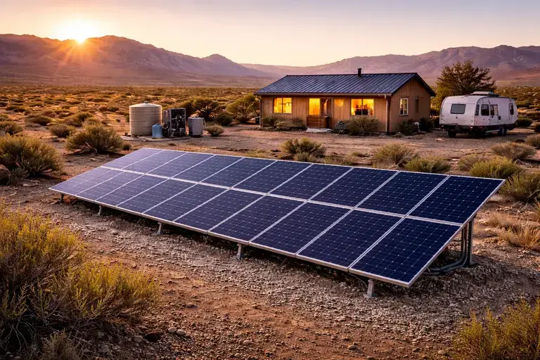 Modest off-grid home powered by solar energy at sunset in Elko County Nevada, warm lights glowing, peaceful rural lifestyle with no neighbors and wide open land