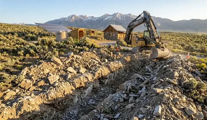 Utility trenching through rocky ground in Elko County Nevada showing challenging terrain conditions