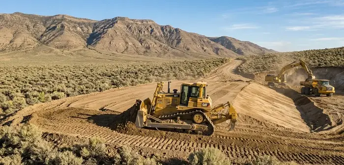 Bulldozer shaping terrain during rough grading in Nevada high desert