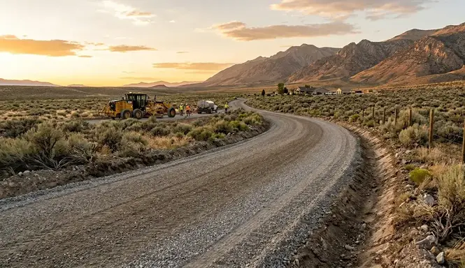 Freshly graded gravel driveway built on rural Elko County property