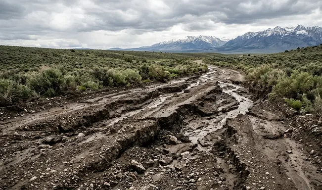 Washed out rural dirt road in Nevada desert terrain