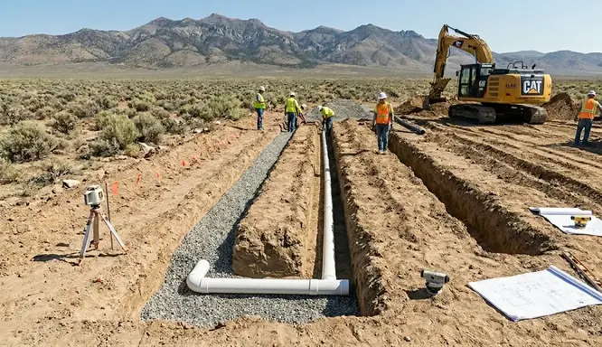 Septic drainfield trench installation in Nevada rural land