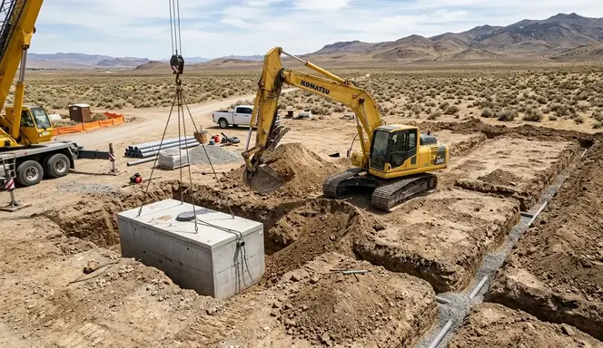 Septic installation process with excavation and trenching in Elko County