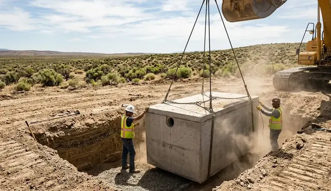 Concrete septic tank placement during installation in Elko County
