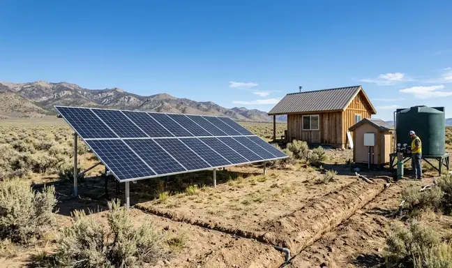 Off-grid solar installation in Elko County NV with battery storage powering rural home and well system