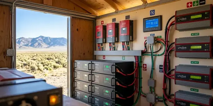 Off-grid solar battery bank and inverter system installation with clean wiring and professional setup in Elko County Nevada