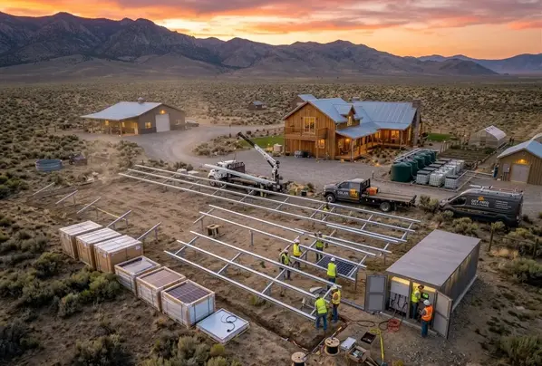 Solar panel installation in progress on rural property in Elko County Nevada showing crew installing ground-mounted system