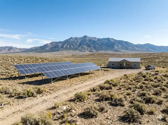Off-grid solar panel system with battery storage installed on rural property in Elko County Nevada for full energy independence