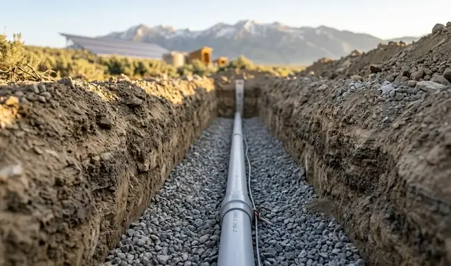 Close-up of utility trench showing proper depth, pipe bedding, and installation for water and power lines