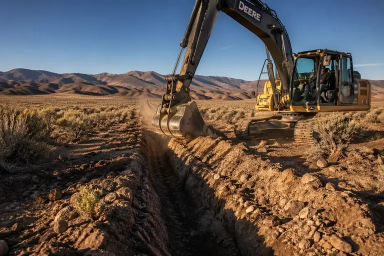 Excavator digging utility trench in rocky terrain in Elko County Nevada for underground power and water lines