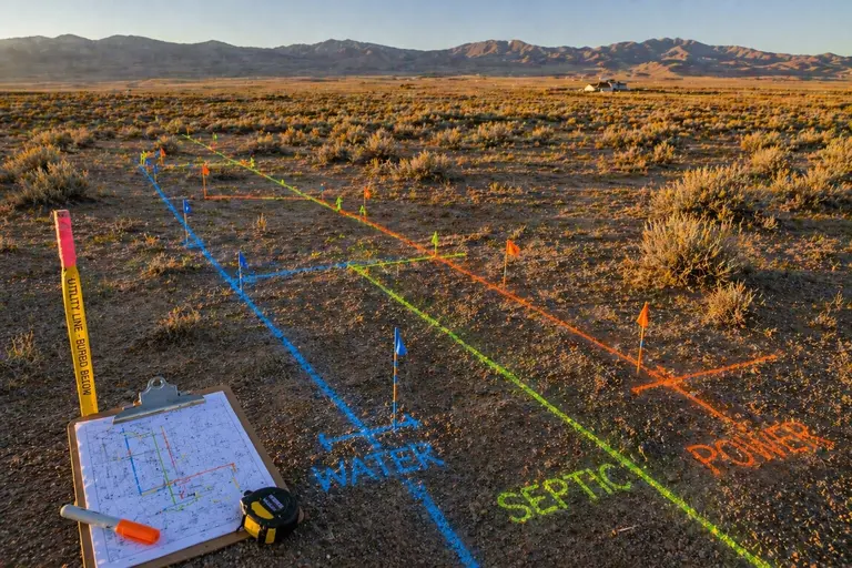 Utility layout planning on raw land in Elko County Nevada with marked lines for power, water, and septic trench routes