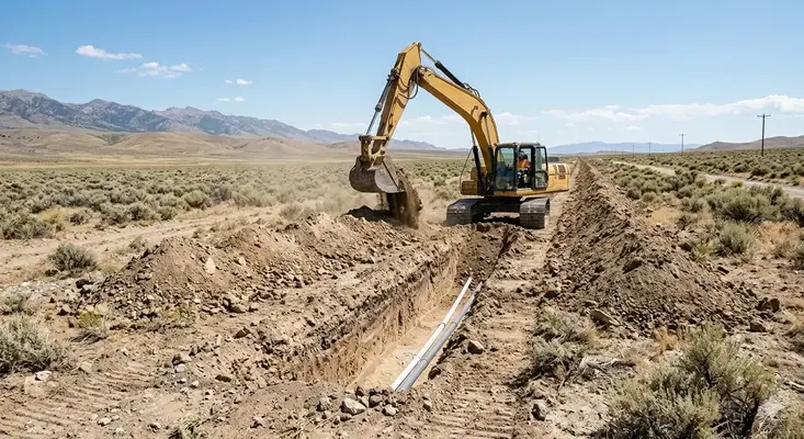 Utility trenching in Elko County NV for underground power, water, and septic lines