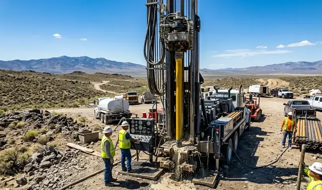 Active water well drilling process with rotary rig and drilling pipe in Elko County Nevada