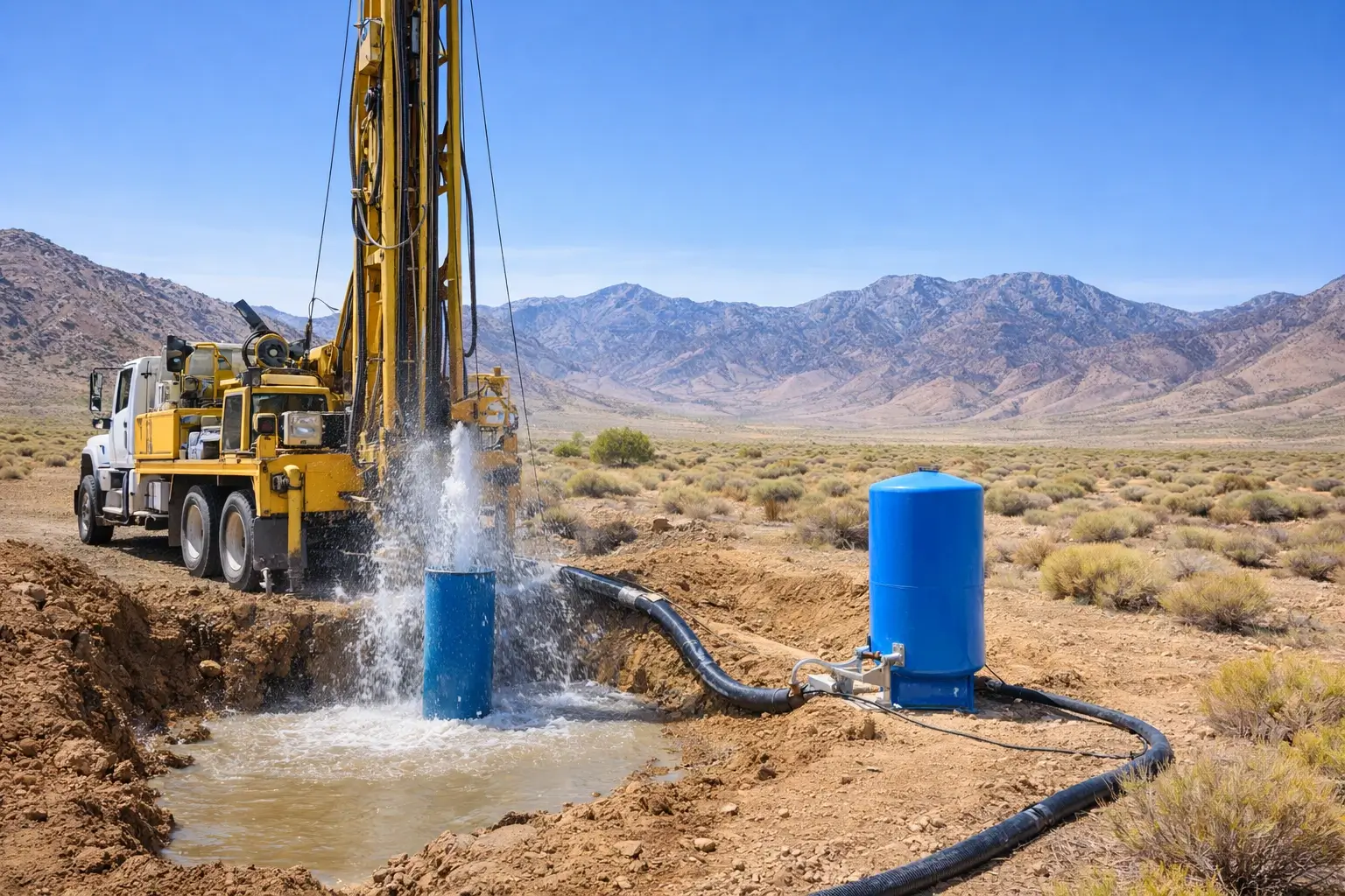 Well drilling rig installing steel casing for a residential water well in Elko County Nevada