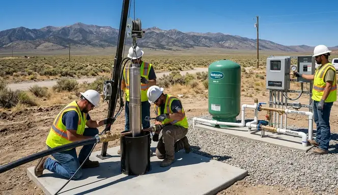 Submersible pump installation with pressure tank and control system for residential well